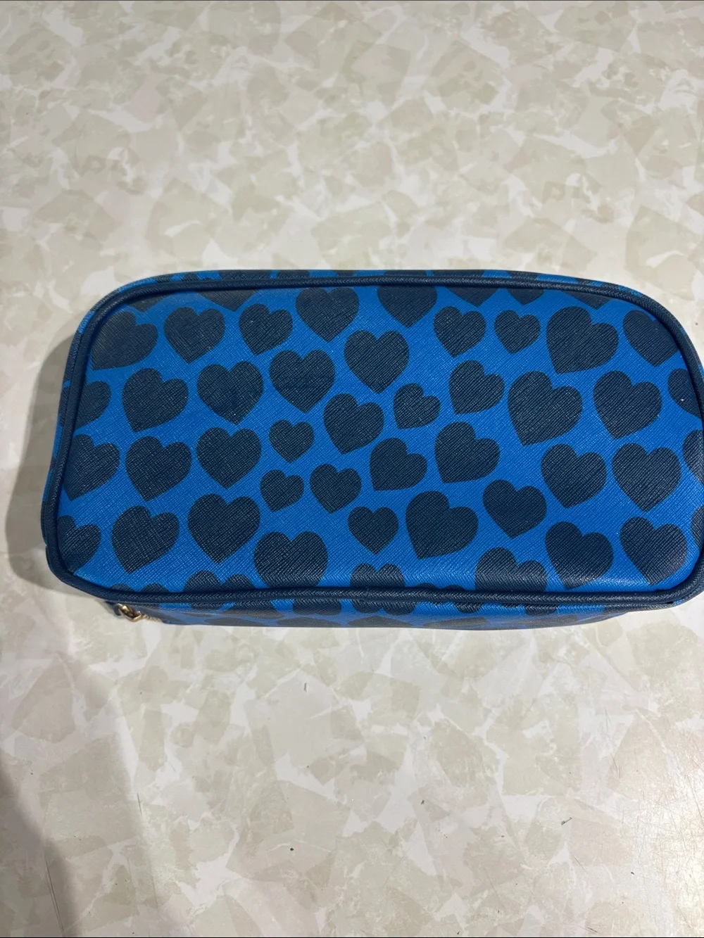 Dabney Lee Multiple Compartment Blue Cosmetic Pouch with Navy Heart Print